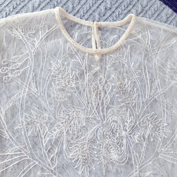 Cream/Nude Vintage Botanical Embroidered Beaded Sheer Overlay Top - Picture 2 of 6